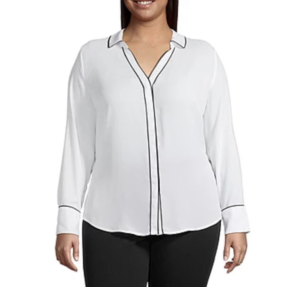 Worthington Career Blouse Women's Size S Long Sleeve Chiffon White Black Trim